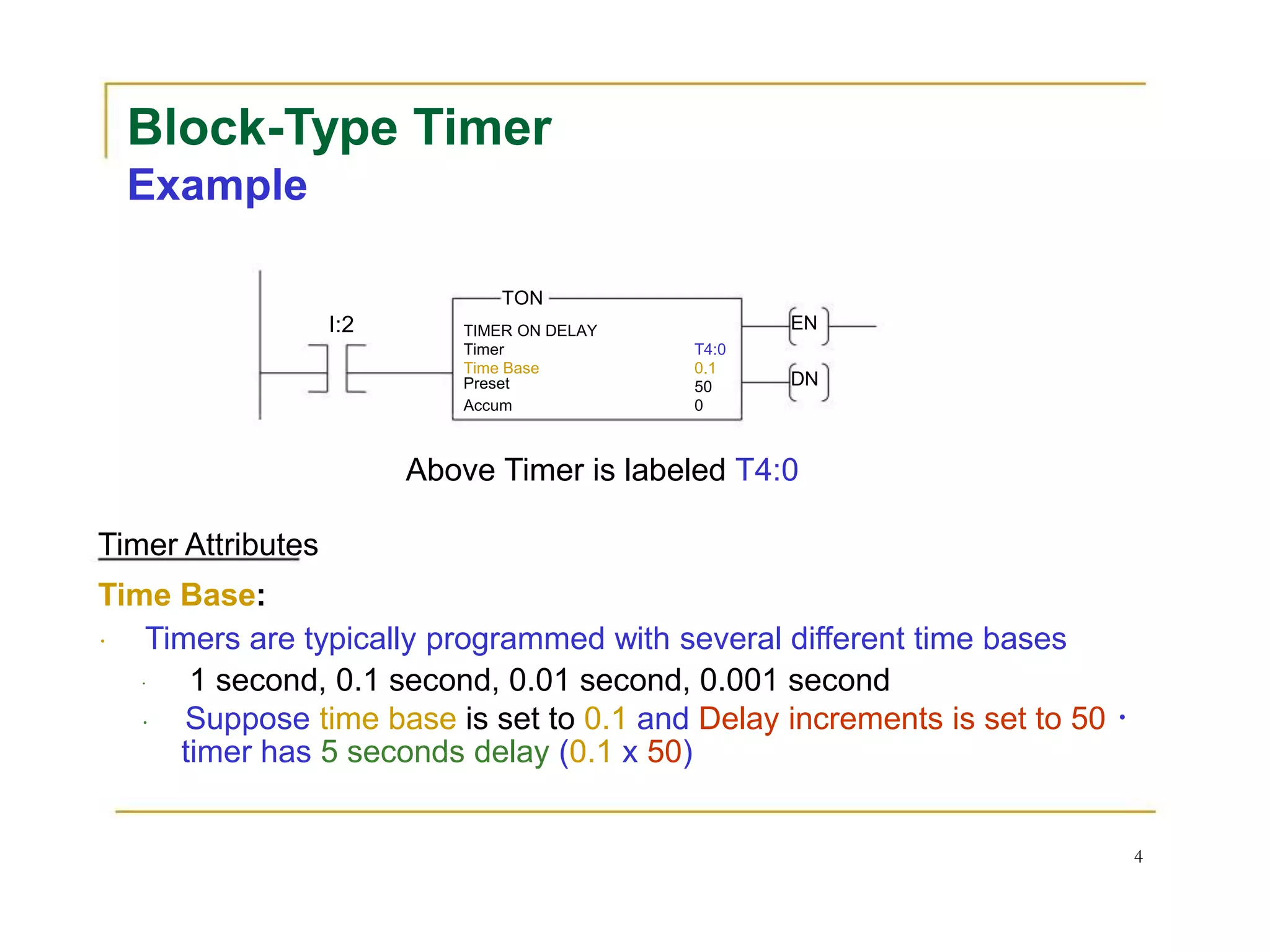 Block-Type Timer
Example
TON
I:2 TIMER ON DELAY EN
Timer T4:0
Time Base 0.1
Preset 50 DN
Accum 0
Above Timer is labeled T4:0
Timer Attributes
Time Base:
Timers are typically programmed with several different time bases
1 second, 0.1 second, 0.01 second, 0.001 second
Suppose time base is set to 0.1 and Delay increments is set to 50
timer has 5 seconds delay (0.1 x 50)
4
 