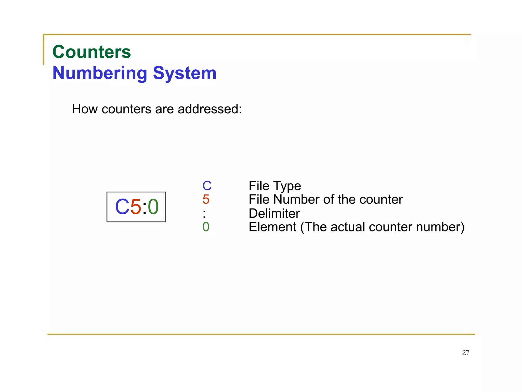 Counters
Numbering System
How counters are addressed:
C5:0
C File Type
5 File Number of the counter
: Delimiter
0 Element (The actual counter number)
27
 