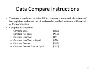 110
Data Compare Instructions
• These commands instruct the PLC to compare the numerical contents of
two registers and make decisions based upon their values and the results
of the comparison
• Compare instructions:
– Compare Equal (EQU)
– Compare Not Equal (NEQ)
– Compare Less Than LES)
– Compare Less Than or Equal (LEQ)
– Compare Greater (GRT)
– Compare Greater Than or Equal (GEQ)
 