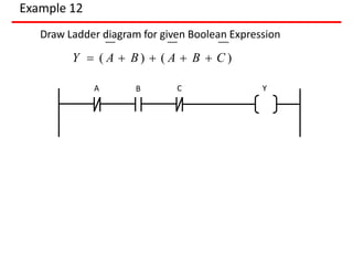 Example 12
A B Y
Draw Ladder diagram for given Boolean Expression
Y  ( A  B )  ( A  B  C )
C
 
