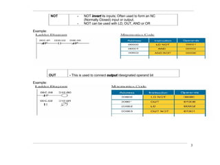 NOT - NOT invert its inputs; Often used to form an NC
(Normally Closed) input or output.
- NOT can be used with LD, OUT, AND or OR
Example:
OUT - This is used to connect output /designated operand bit
Example:
3
 