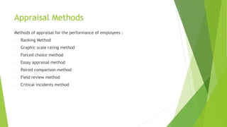 Appraisal Methods
Methods of appraisal for the performance of employees :
- Ranking Method
- Graphic scale rating method
- Forced choice method
- Essay appraisal method
- Paired comparison method
- Field review method
- Critical incidents method
 