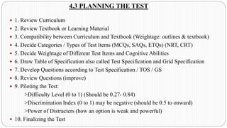 4.3 PLANNING THE TEST
 1. Review Curriculum
 2. Review Textbook or Learning Material
 3. Compatibility between Curriculum and Textbook (Weightage: outlines & textbook)
 4. Decide Categories / Types of Test Items (MCQs, SAQs, ETQs) (NRT, CRT)
 5. Decide Weightage of Different Test Items and Cognitive Abilities
 6. Draw Table of Specification also called Test Specification and Grid Specification
 7. Develop Questions according to Test Specification / TOS / GS
 8. Review Questions (improve)
 9. Piloting the Test:
>Difficulty Level (0 to 1) (Should be 0.27- 0.84)
>Discrimination Index (0 to 1) may be negative (should be 0.5 to onward)
>Power of Distracters (how an option is weak and powerful)
 10. Finalizing the Test
 