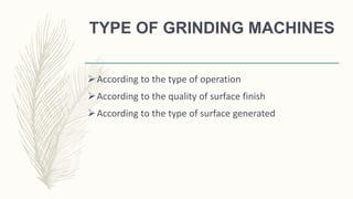 TYPE OF GRINDING MACHINES
According to the type of operation
According to the quality of surface finish
According to the type of surface generated
 