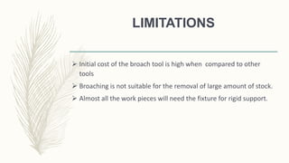 LIMITATIONS
 Initial cost of the broach tool is high when compared to other
tools
 Broaching is not suitable for the removal of large amount of stock.
 Almost all the work pieces will need the fixture for rigid support.
 