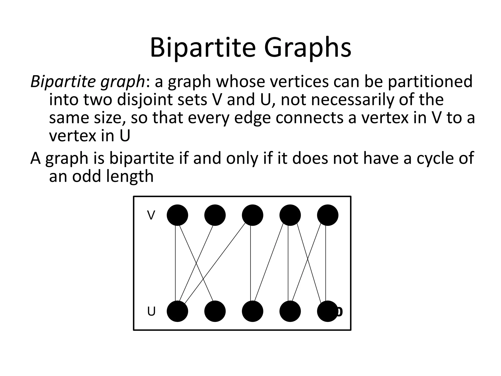 Bipartite Graphs
Bipartite graph: a graph whose vertices can be partitioned
into two disjoint sets V and U, not necessarily of the
same size, so that every edge connects a vertex in V to a
vertex in U
A graph is bipartite if and only if it does not have a cycle of
an odd length
4 5
10
9
8
7
6
1 2 3
V
U
 