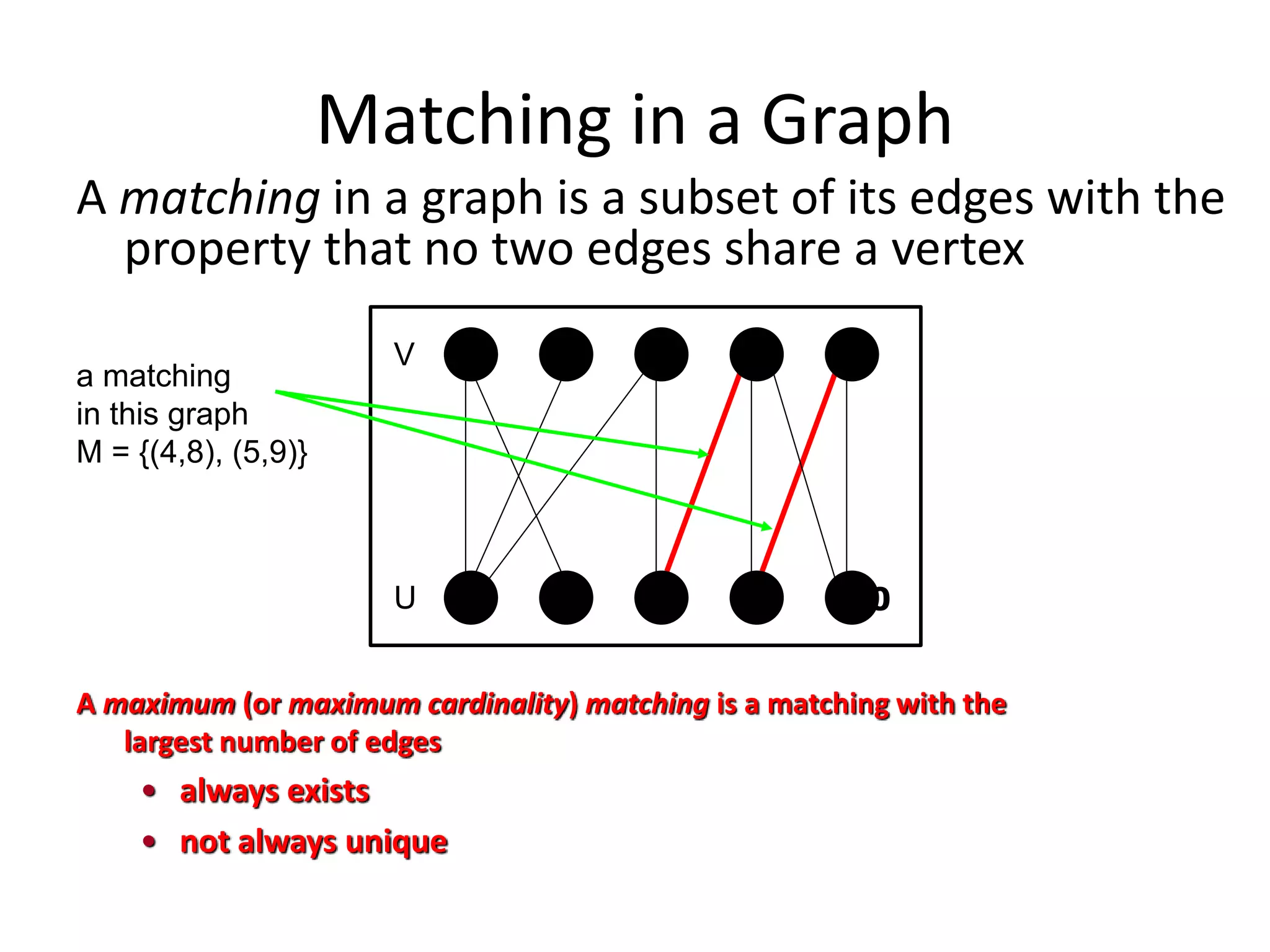 Matching in a Graph
A matching in a graph is a subset of its edges with the
property that no two edges share a vertex
4 5
10
9
8
7
6
1 2 3
V
U
a matching
in this graph
M = {(4,8), (5,9)}
A maximum (or maximum cardinality) matching is a matching with the
largest number of edges
• always exists
• not always unique
 