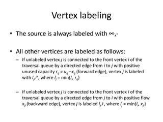 Vertex labeling
• The source is always labeled with ∞,-
• All other vertices are labeled as follows:
– If unlabeled vertex j is connected to the front vertex i of the
traversal queue by a directed edge from i to j with positive
unused capacity rij = uij –xij (forward edge), vertex j is labeled
with lj,i+, where lj = min{li, rij}
– If unlabeled vertex j is connected to the front vertex i of the
traversal queue by a directed edge from j to i with positive flow
xji (backward edge), vertex j is labeled lj,i-, where lj = min{li, xji}
 