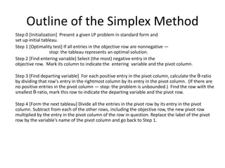 Outline of the Simplex Method
Step 0 [Initialization] Present a given LP problem in standard form and
set up initial tableau.
Step 1 [Optimality test] If all entries in the objective row are nonnegative —
stop: the tableau represents an optimal solution.
Step 2 [Find entering variable] Select (the most) negative entry in the
objective row. Mark its column to indicate the entering variable and the pivot column.
Step 3 [Find departing variable] For each positive entry in the pivot column, calculate the θ-ratio
by dividing that row's entry in the rightmost column by its entry in the pivot column. (If there are
no positive entries in the pivot column — stop: the problem is unbounded.) Find the row with the
smallest θ-ratio, mark this row to indicate the departing variable and the pivot row.
Step 4 [Form the next tableau] Divide all the entries in the pivot row by its entry in the pivot
column. Subtract from each of the other rows, including the objective row, the new pivot row
multiplied by the entry in the pivot column of the row in question. Replace the label of the pivot
row by the variable's name of the pivot column and go back to Step 1.
 
