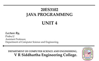 Lecture By,
Prabu.U
Assistant Professor,
Department of Computer Science and Engineering.
DEPARTMENT OF COMPUTER SCIENCE AND ENGINEERING,
V R Siddhartha Engineering College.
20ES3102
JAVA PROGRAMMING
UNIT 4
 