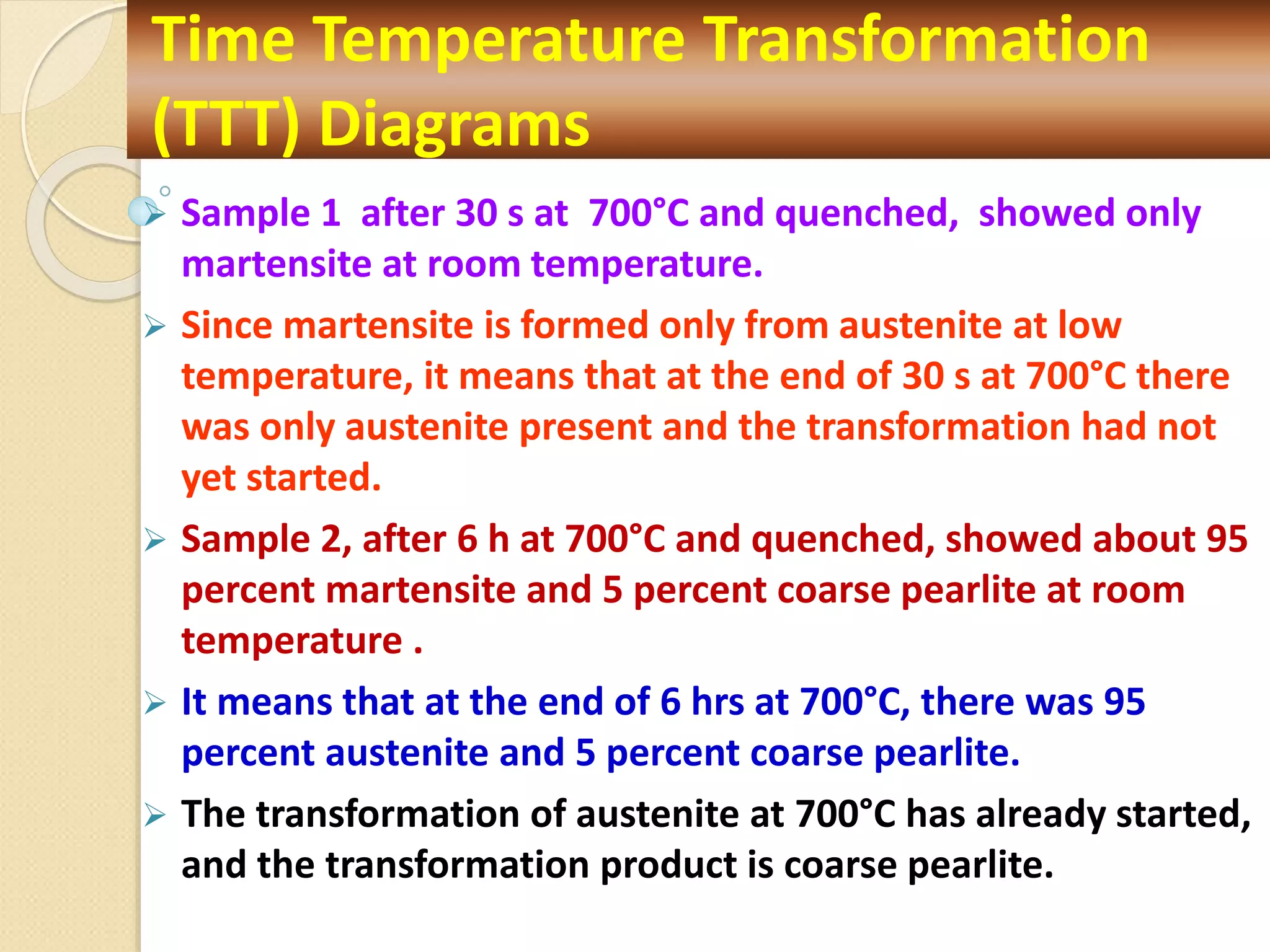  Sample 1 after 30 s at 700°C and quenched, showed only
martensite at room temperature.
 Since martensite is formed only from austenite at low
temperature, it means that at the end of 30 s at 700°C there
was only austenite present and the transformation had not
yet started.
 Sample 2, after 6 h at 700°C and quenched, showed about 95
percent martensite and 5 percent coarse pearlite at room
temperature .
 It means that at the end of 6 hrs at 700°C, there was 95
percent austenite and 5 percent coarse pearlite.
 The transformation of austenite at 700°C has already started,
and the transformation product is coarse pearlite.
Time Temperature Transformation
(TTT) Diagrams
 