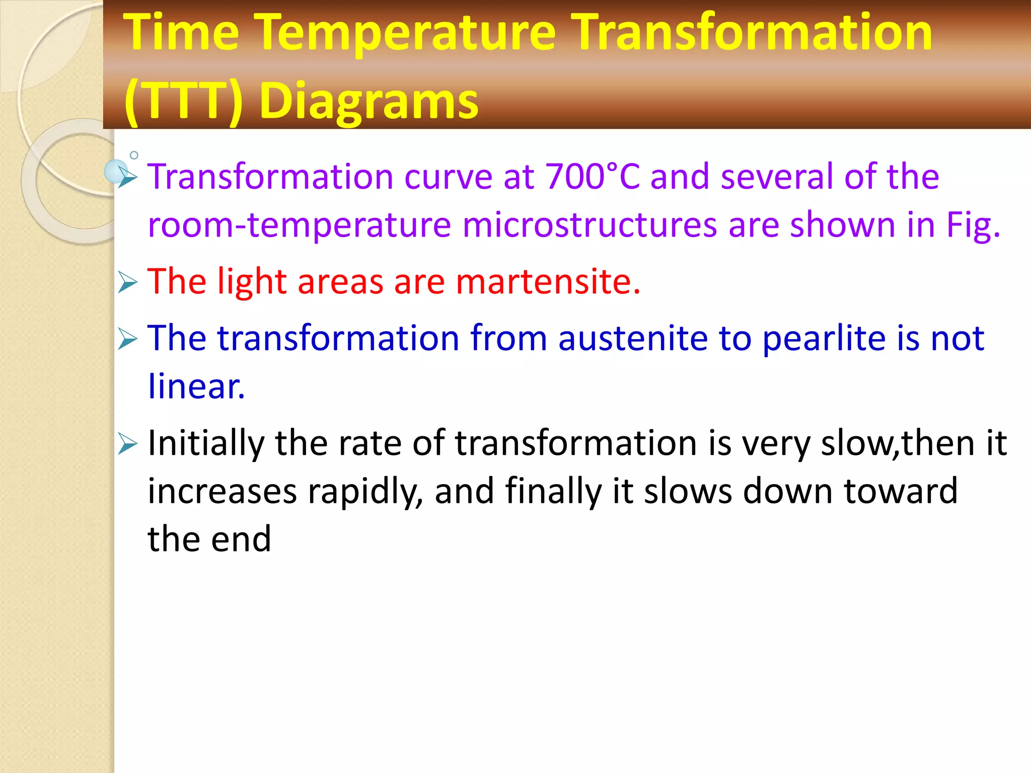  Transformation curve at 700°C and several of the
room-temperature microstructures are shown in Fig.
 The light areas are martensite.
 The transformation from austenite to pearlite is not
Iinear.
 Initially the rate of transformation is very slow,then it
increases rapidly, and finally it slows down toward
the end
Time Temperature Transformation
(TTT) Diagrams
 