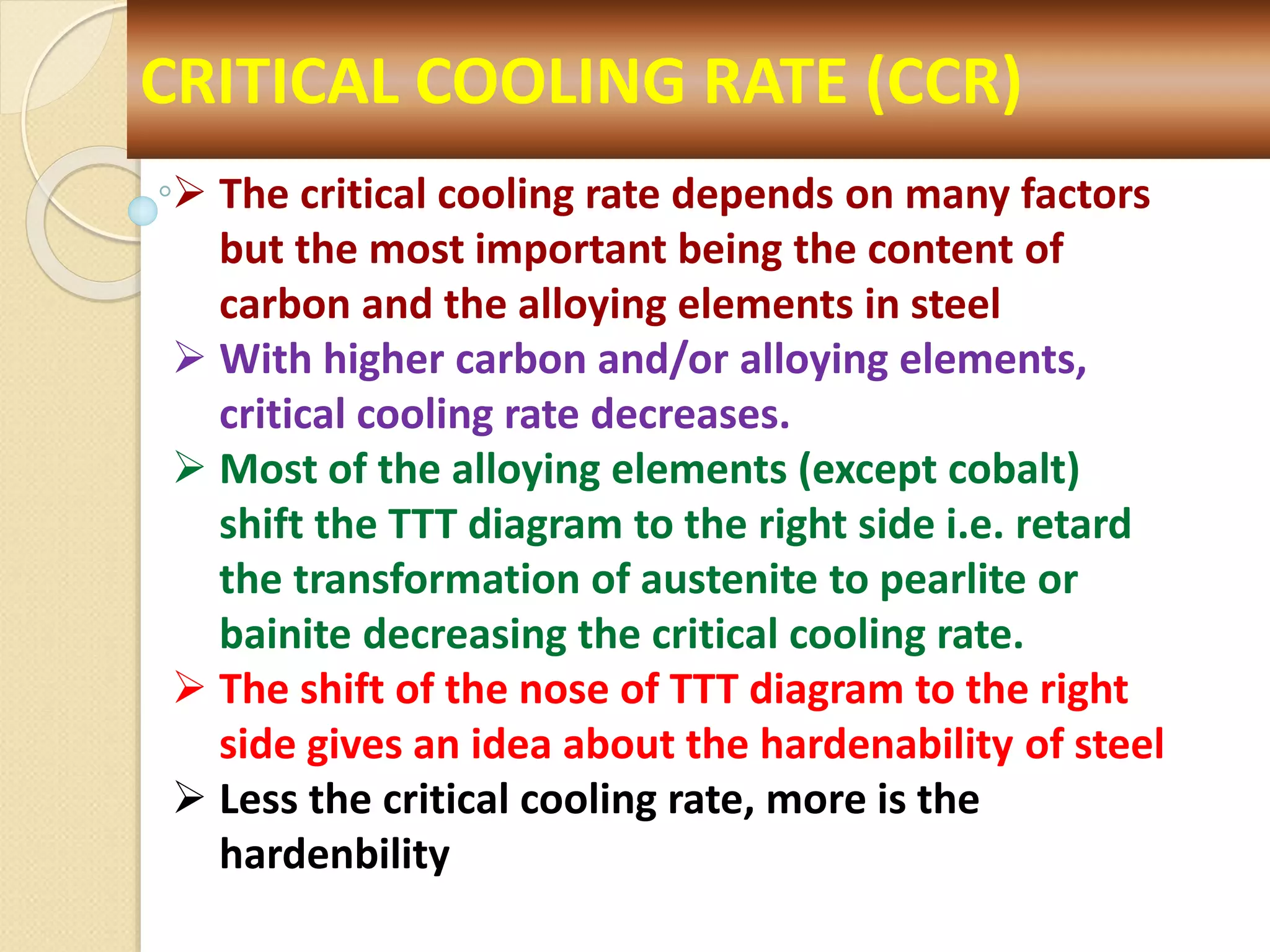 CRITICAL COOLING RATE (CCR)
 The critical cooling rate depends on many factors
but the most important being the content of
carbon and the alloying elements in steel
 With higher carbon and/or alloying elements,
critical cooling rate decreases.
 Most of the alloying elements (except cobalt)
shift the TTT diagram to the right side i.e. retard
the transformation of austenite to pearlite or
bainite decreasing the critical cooling rate.
 The shift of the nose of TTT diagram to the right
side gives an idea about the hardenability of steel
 Less the critical cooling rate, more is the
hardenbility
 