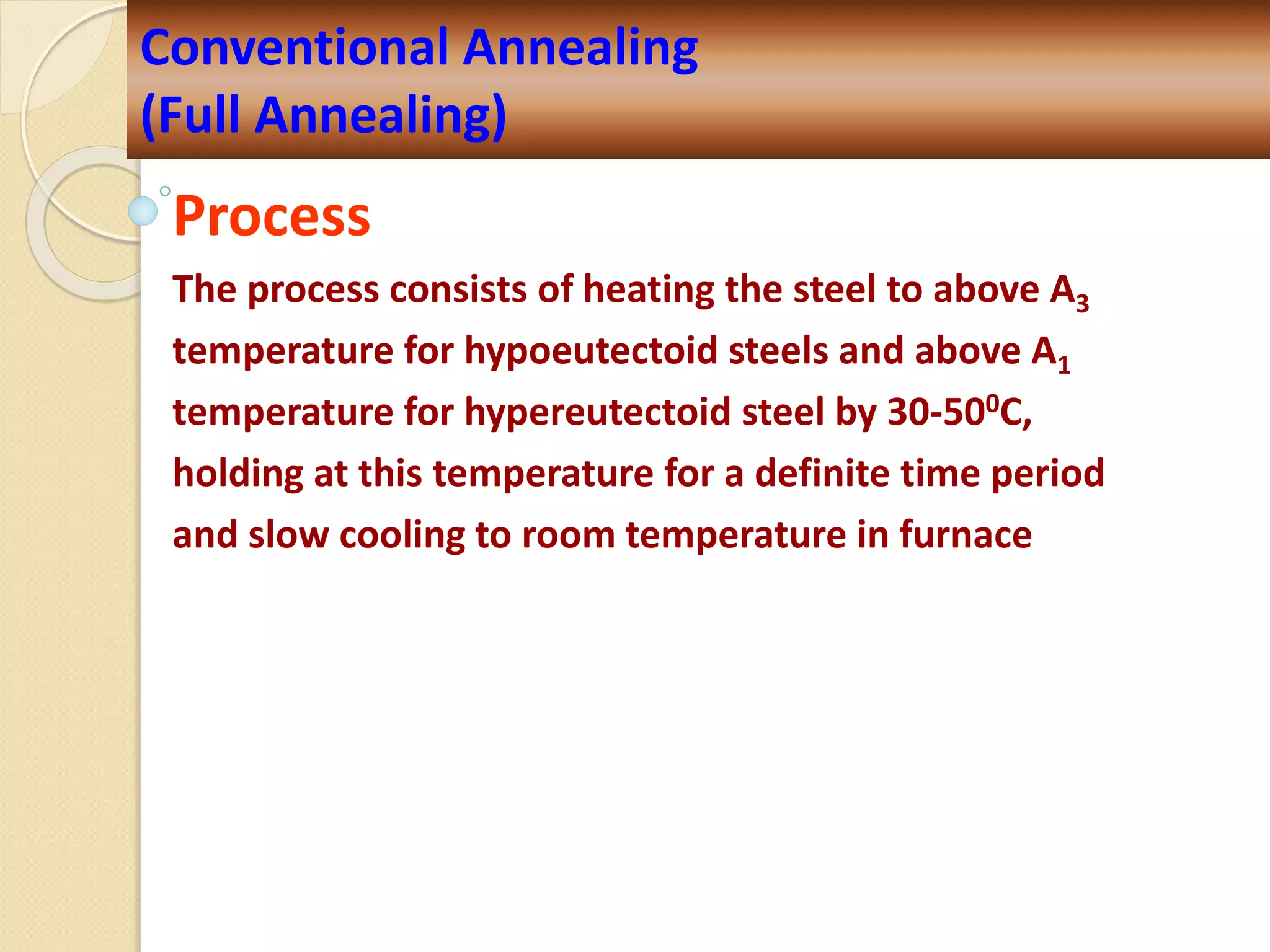 Process
The process consists of heating the steel to above A3
temperature for hypoeutectoid steels and above A1
temperature for hypereutectoid steel by 30-500C,
holding at this temperature for a definite time period
and slow cooling to room temperature in furnace
Conventional Annealing
(Full Annealing)
 