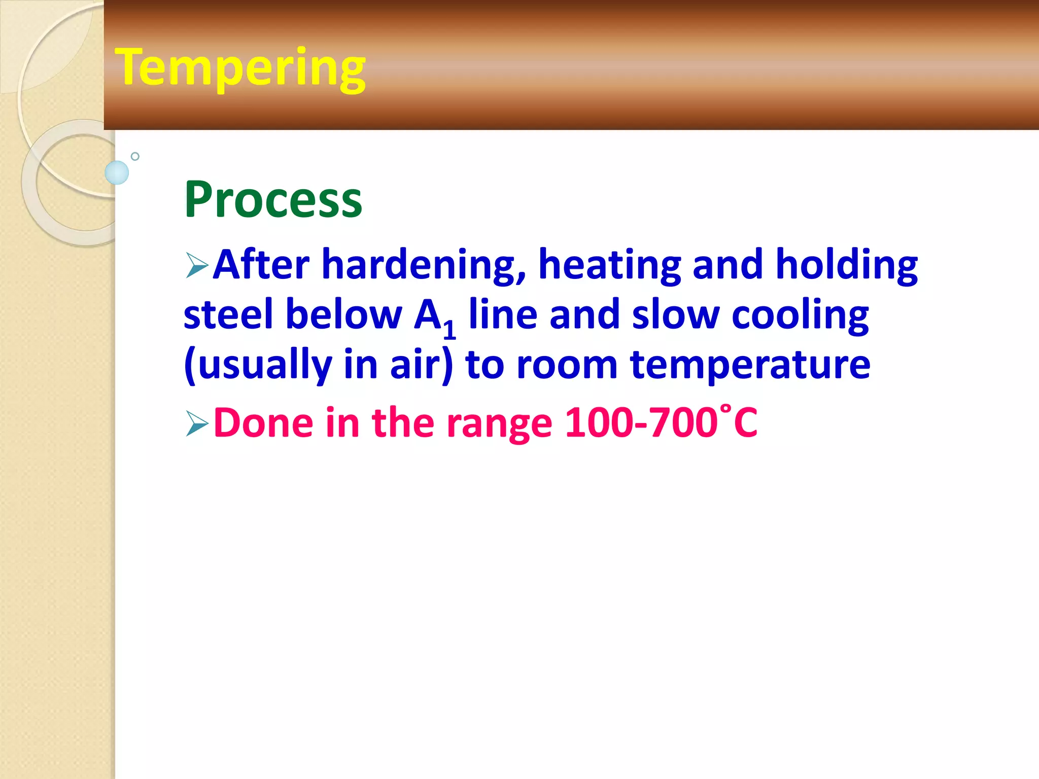 Process
After hardening, heating and holding
steel below A1 line and slow cooling
(usually in air) to room temperature
Done in the range 100-700˚C
Tempering
 