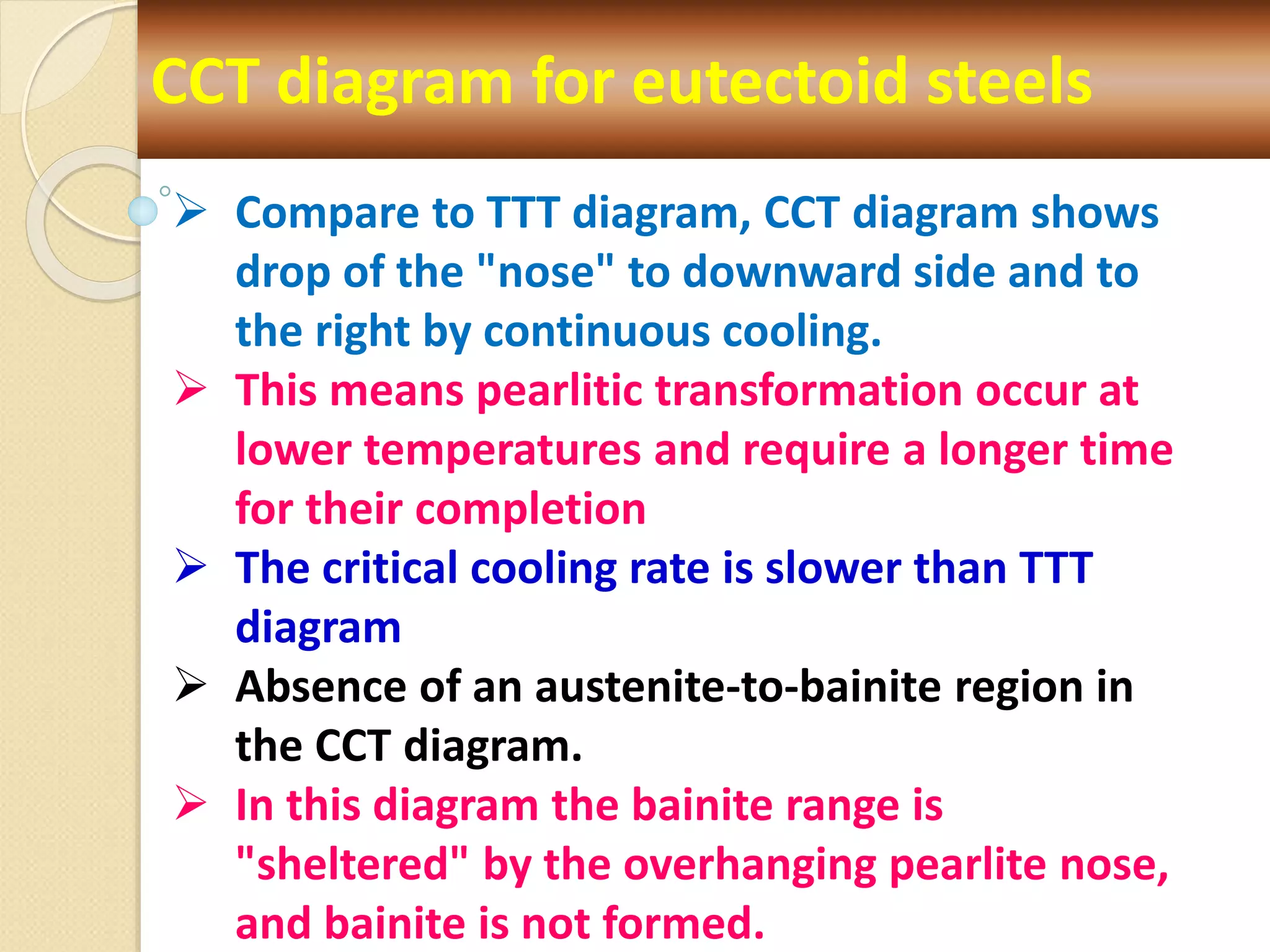 CCT diagram for eutectoid steels
 Compare to TTT diagram, CCT diagram shows
drop of the "nose" to downward side and to
the right by continuous cooling.
 This means pearlitic transformation occur at
lower temperatures and require a longer time
for their completion
 The critical cooling rate is slower than TTT
diagram
 Absence of an austenite-to-bainite region in
the CCT diagram.
 In this diagram the bainite range is
"sheltered" by the overhanging pearlite nose,
and bainite is not formed.
 