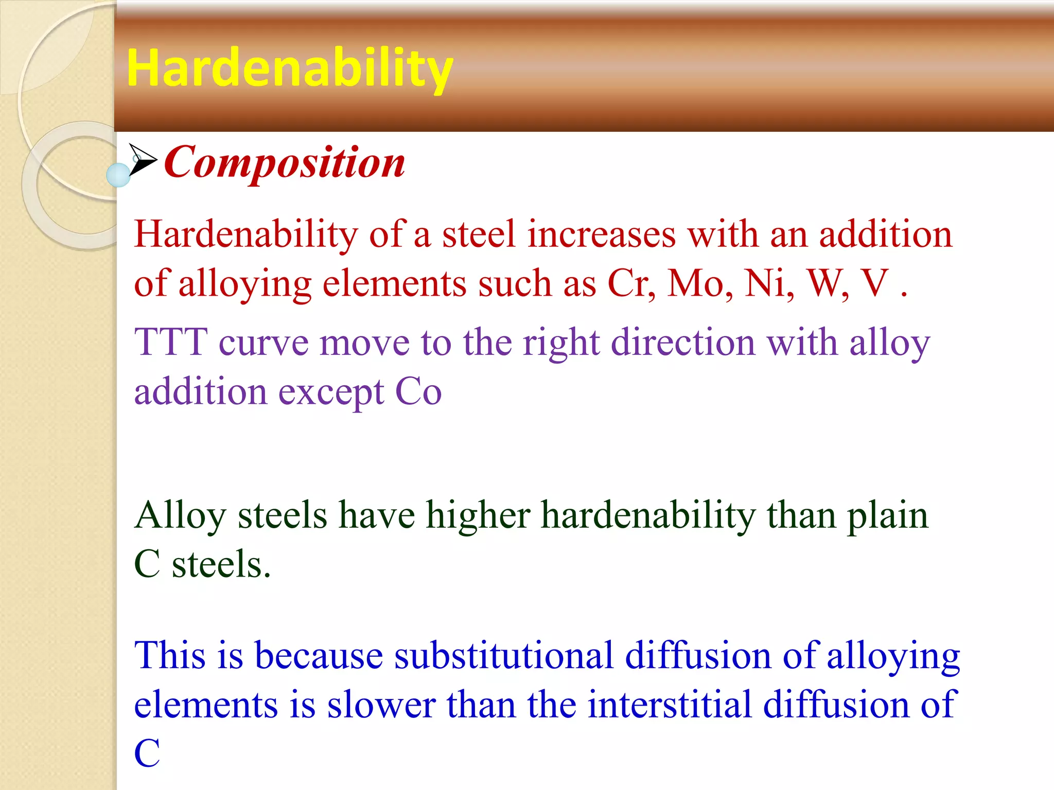 Hardenability of a steel increases with an addition
of alloying elements such as Cr, Mo, Ni, W, V .
TTT curve move to the right direction with alloy
addition except Co
This is because substitutional diffusion of alloying
elements is slower than the interstitial diffusion of
C
Alloy steels have higher hardenability than plain
C steels.
Hardenability
Composition
 