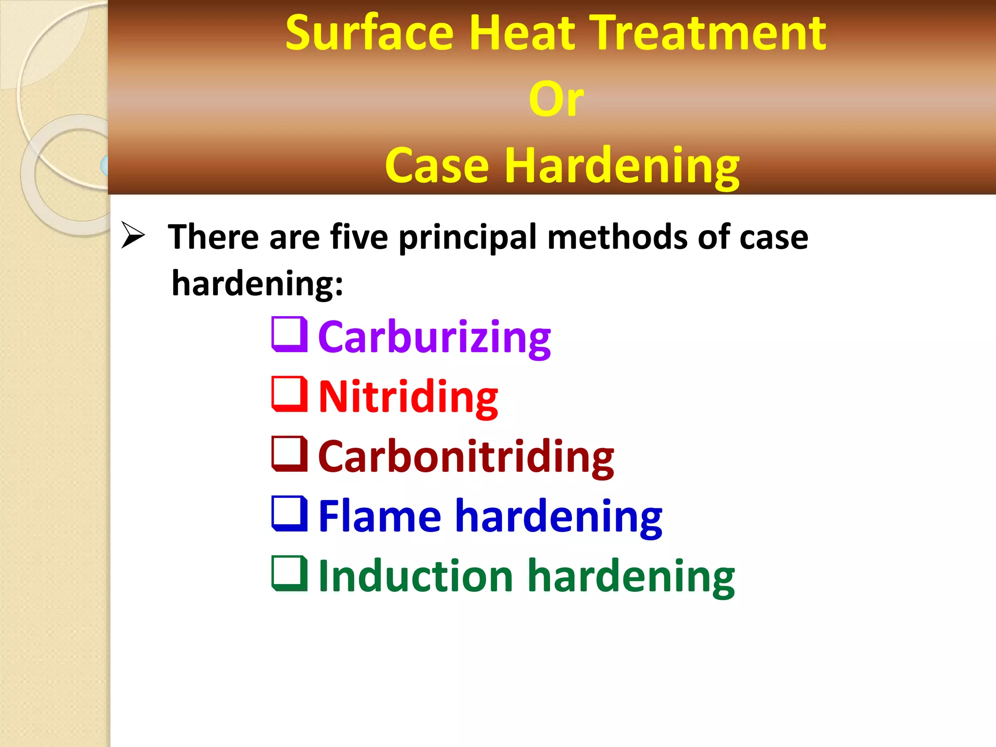 Surface Heat Treatment
Or
Case Hardening
 There are five principal methods of case
hardening:
Carburizing
Nitriding
Carbonitriding
Flame hardening
Induction hardening
 