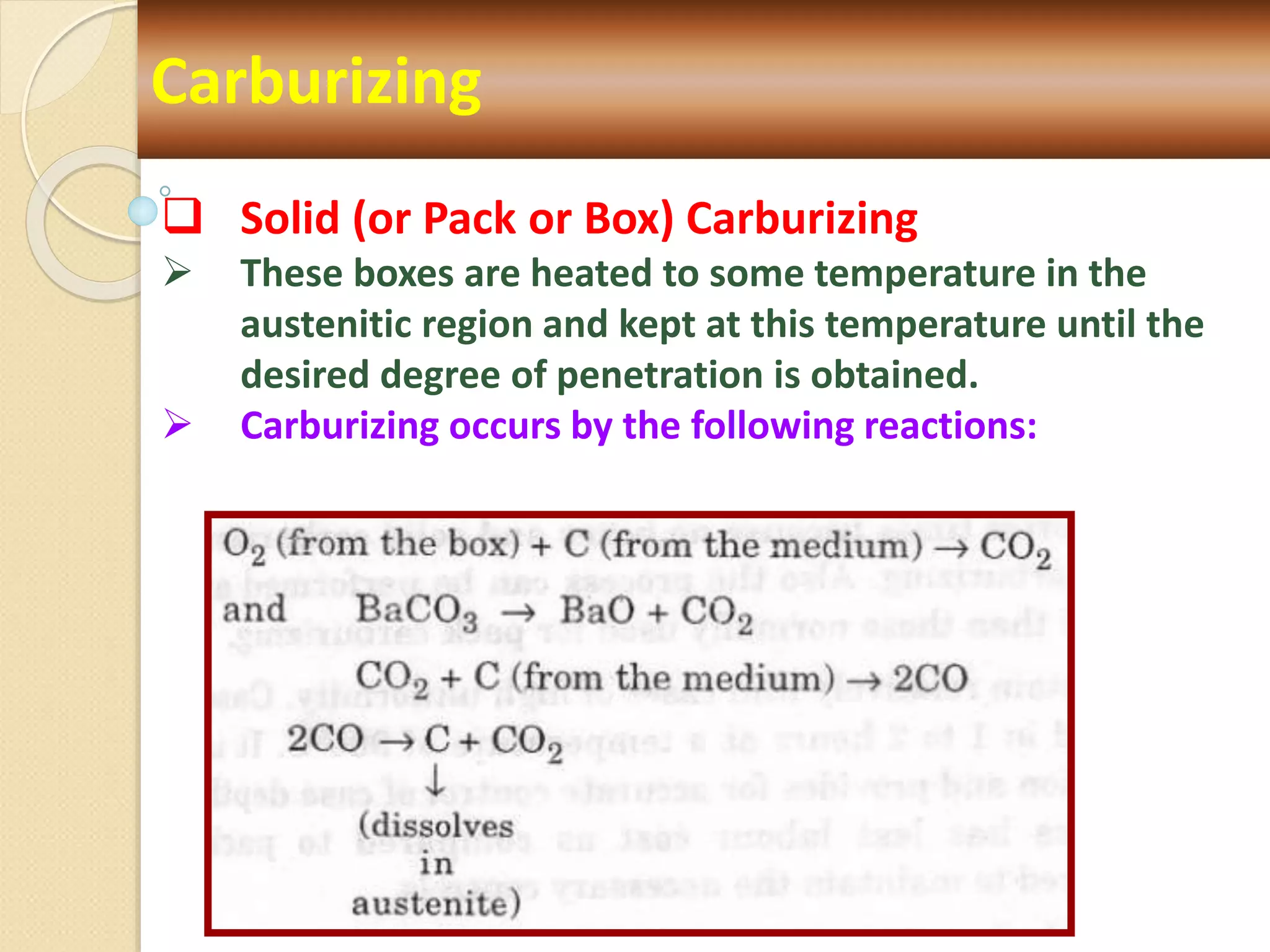Carburizing
 Solid (or Pack or Box) Carburizing
 These boxes are heated to some temperature in the
austenitic region and kept at this temperature until the
desired degree of penetration is obtained.
 Carburizing occurs by the following reactions:
 