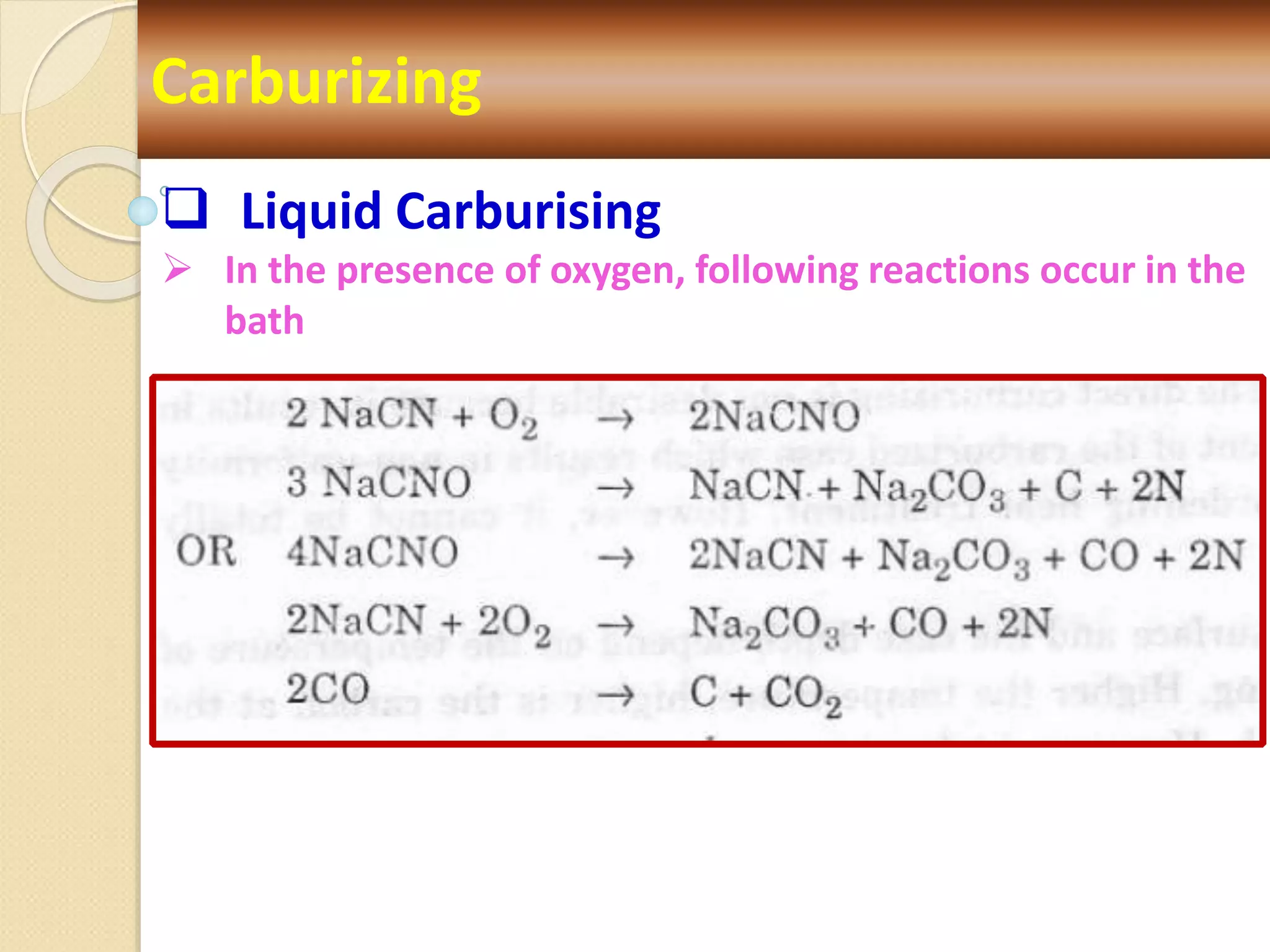 Carburizing
 Liquid Carburising
 In the presence of oxygen, following reactions occur in the
bath
 