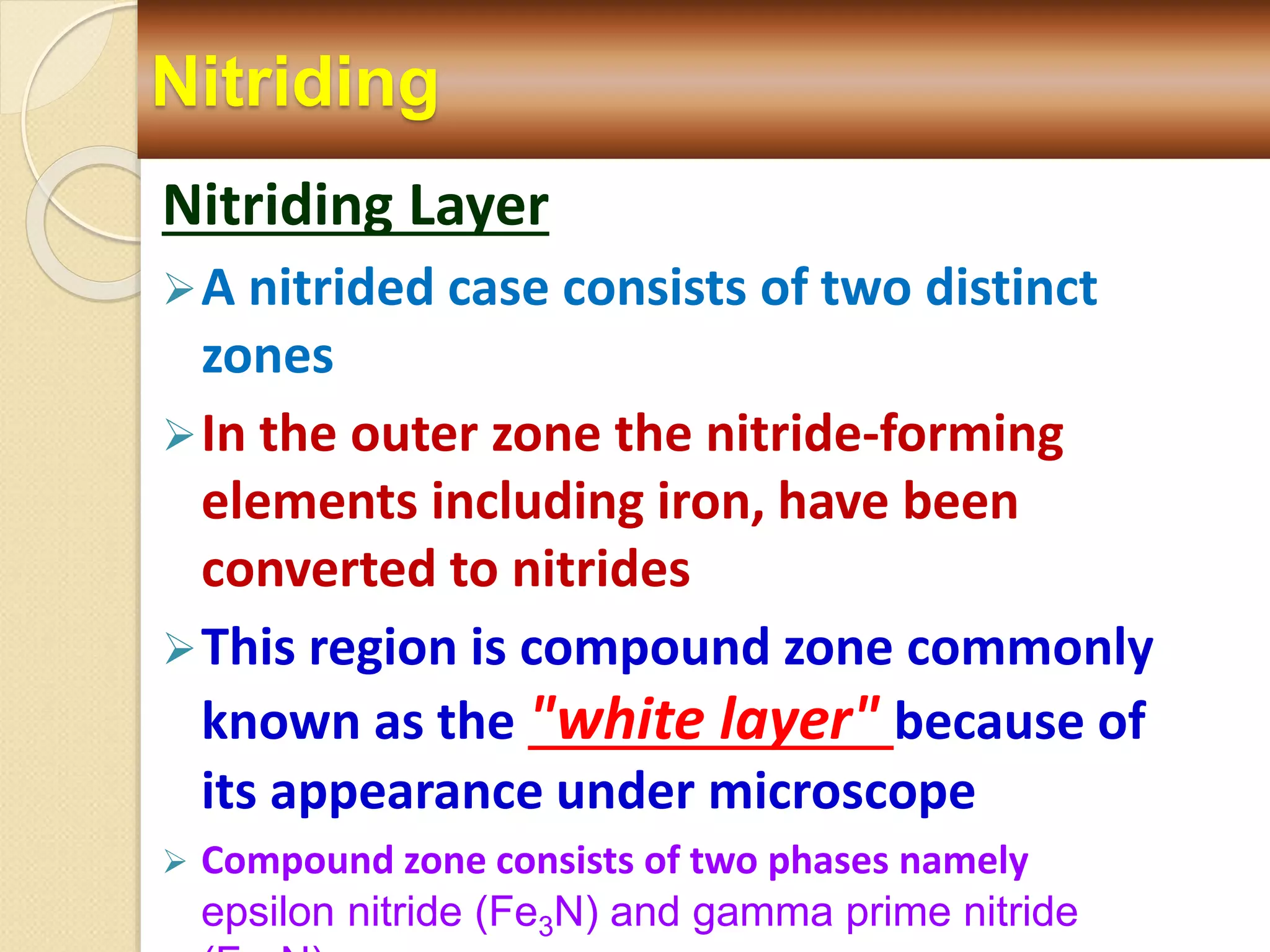 Nitriding
Nitriding Layer
A nitrided case consists of two distinct
zones
In the outer zone the nitride-forming
elements including iron, have been
converted to nitrides
This region is compound zone commonly
known as the "white layer" because of
its appearance under microscope
 Compound zone consists of two phases namely
epsilon nitride (Fe3N) and gamma prime nitride
 