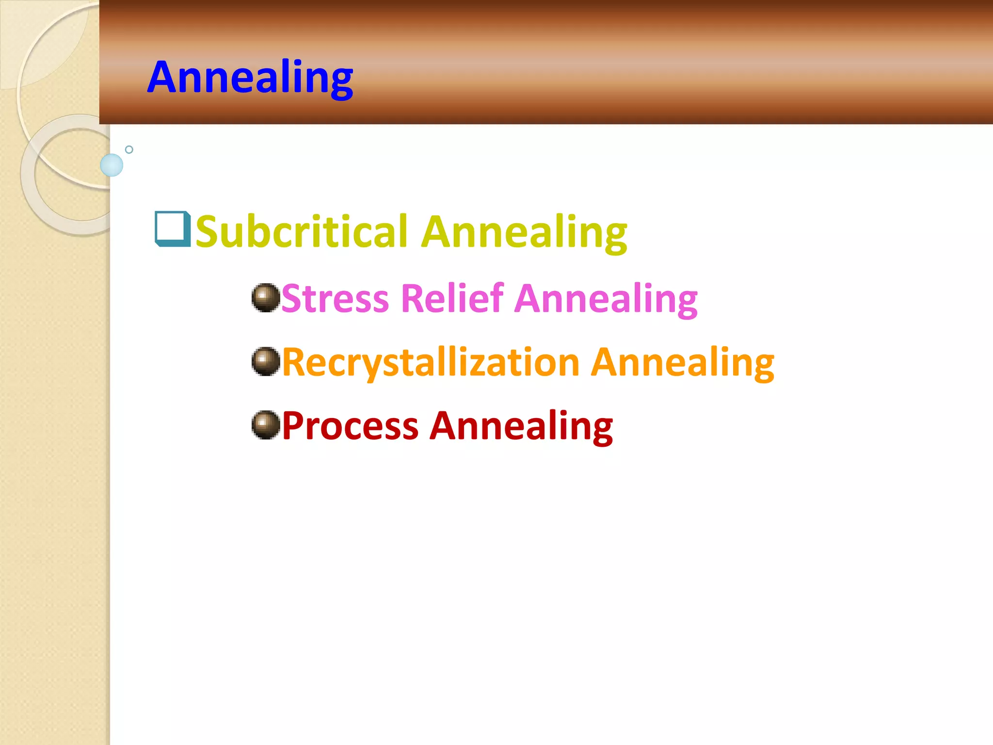 Subcritical Annealing
Stress Relief Annealing
Recrystallization Annealing
Process Annealing
Annealing
 