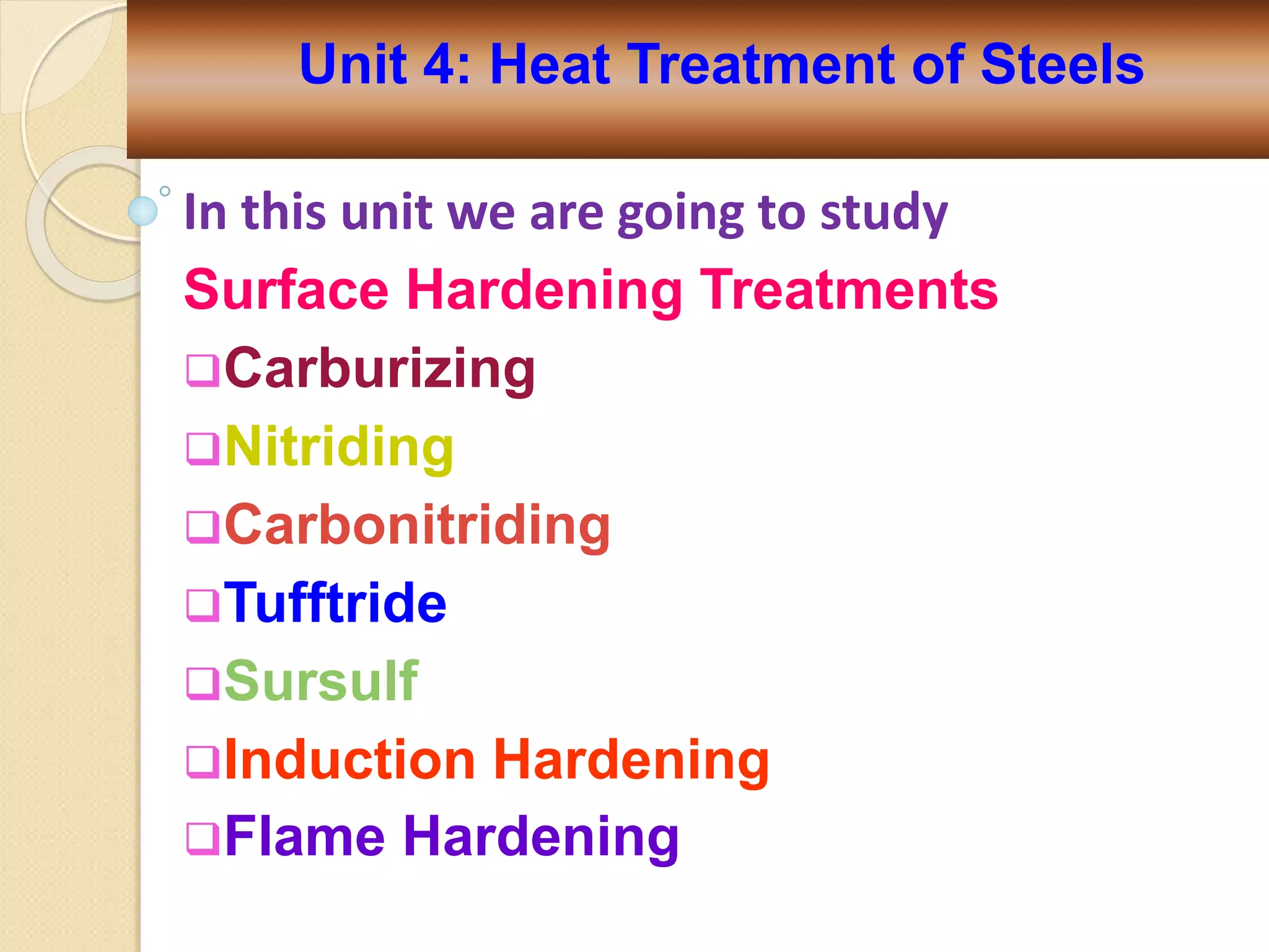 In this unit we are going to study
Surface Hardening Treatments
Carburizing
Nitriding
Carbonitriding
Tufftride
Sursulf
Induction Hardening
Flame Hardening
Unit 4: Heat Treatment of Steels
 