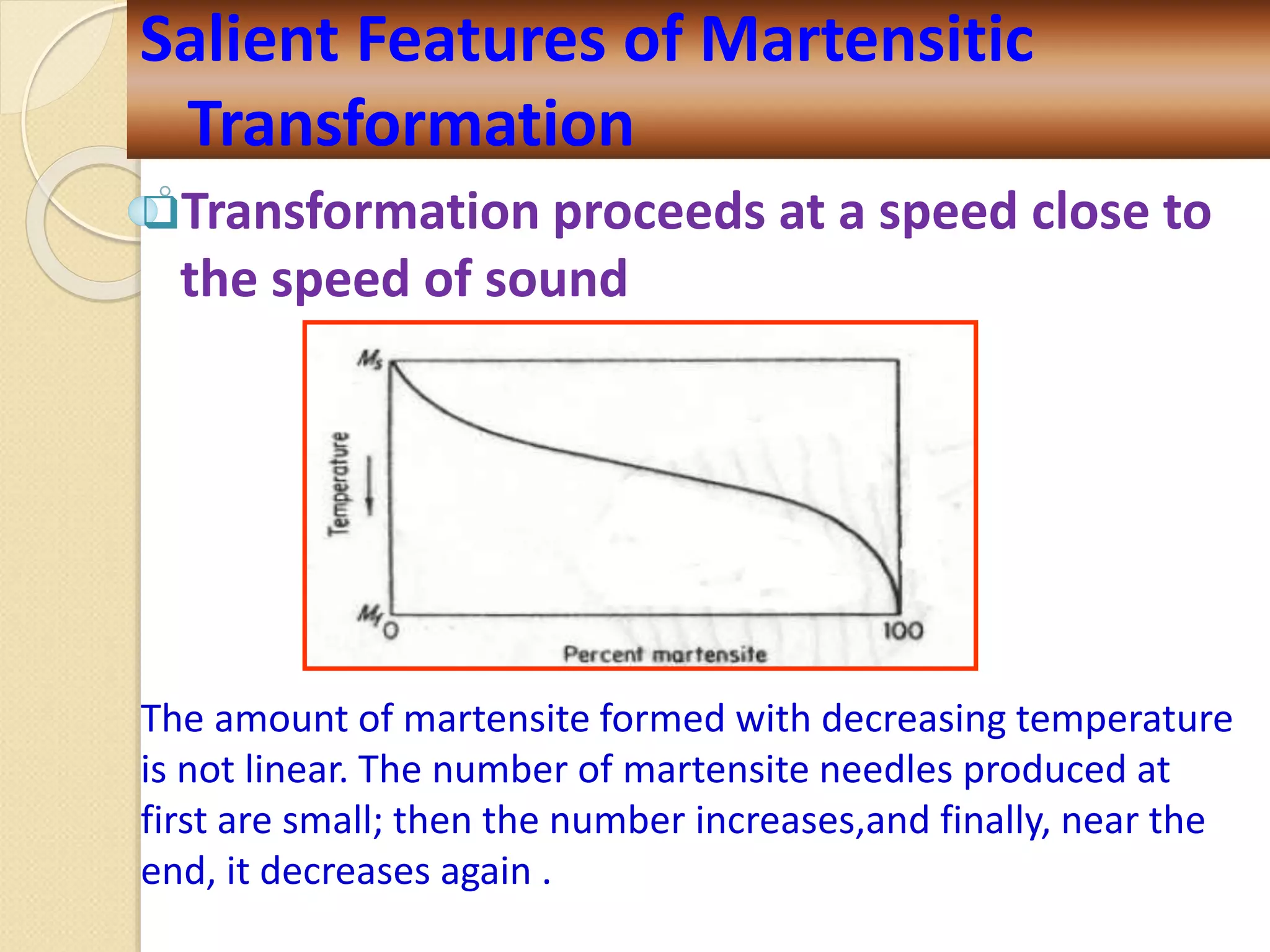 Transformation proceeds at a speed close to
the speed of sound
The amount of martensite formed with decreasing temperature
is not linear. The number of martensite needles produced at
first are small; then the number increases,and finally, near the
end, it decreases again .
Salient Features of Martensitic
Transformation
 