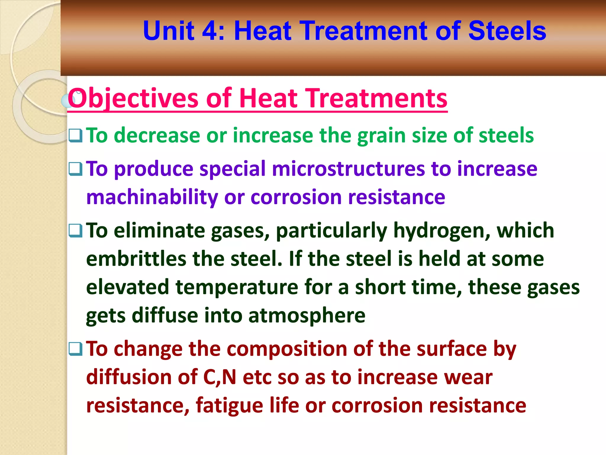 Objectives of Heat Treatments
To decrease or increase the grain size of steels
To produce special microstructures to increase
machinability or corrosion resistance
To eliminate gases, particularly hydrogen, which
embrittles the steel. If the steel is held at some
elevated temperature for a short time, these gases
gets diffuse into atmosphere
To change the composition of the surface by
diffusion of C,N etc so as to increase wear
resistance, fatigue life or corrosion resistance
Unit 4: Heat Treatment of Steels
 