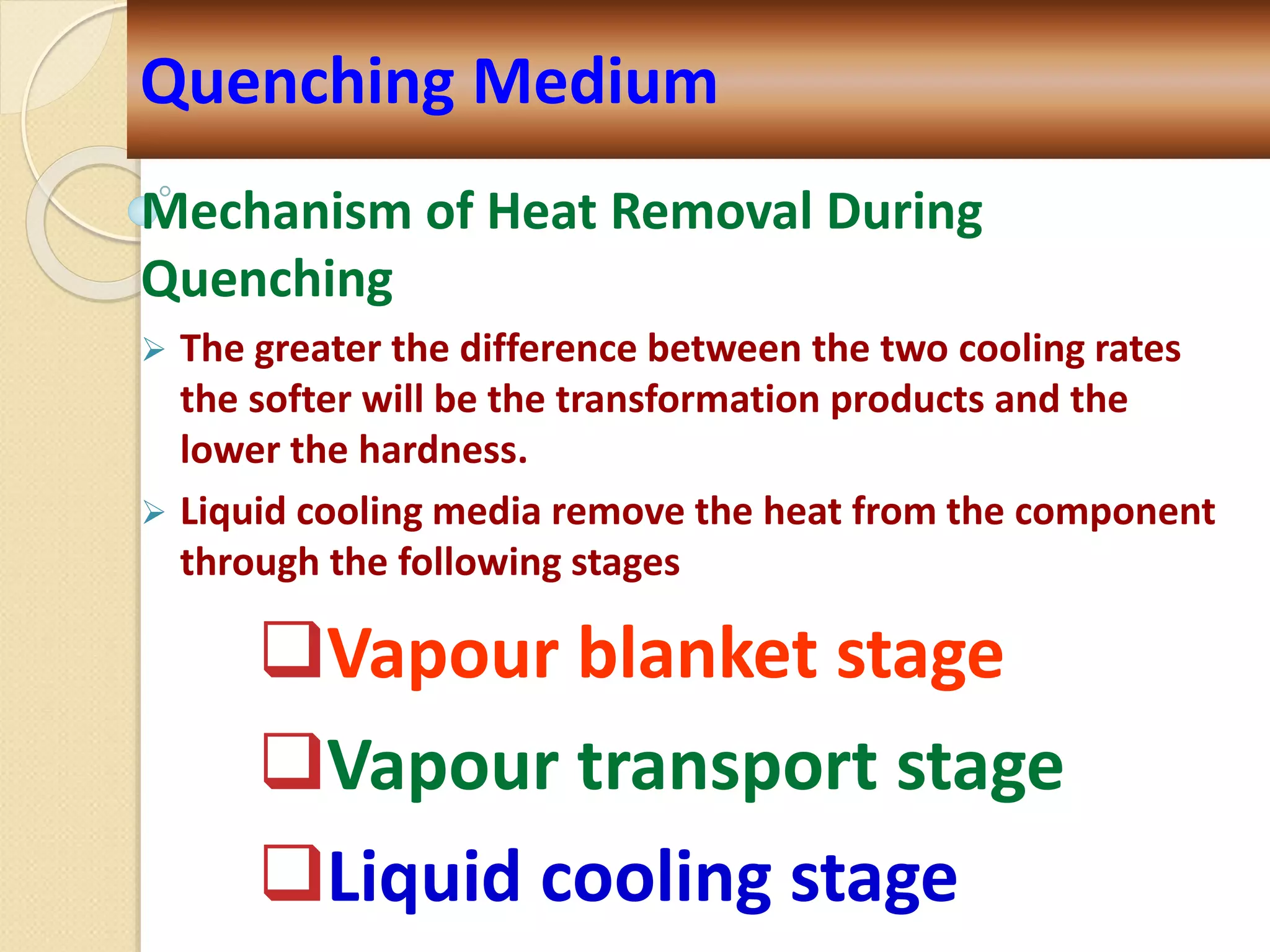 Mechanism of Heat Removal During
Quenching
 The greater the difference between the two cooling rates
the softer will be the transformation products and the
lower the hardness.
 Liquid cooling media remove the heat from the component
through the following stages
Vapour blanket stage
Vapour transport stage
Liquid cooling stage
Quenching Medium
 
