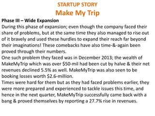 STARTUP STORY
Make My Trip
Phase III – Wide Expansion
During this phase of expansion; even though the company faced their
share of problems, but at the same time they also managed to rise out
of it bravely and used these hurdles to expand their reach far beyond
their imaginations! These comebacks have also time-&-again been
proved through their numbers.
One such problem they faced was in December 2013; the wealth of
MakeMyTrip which was over $50-mil had been cut by halve & their net
revenues declined 5.5% as well. MakeMyTrip was also seen to be
booking losses worth $2.6-million.
Times were hard for them but as they had faced problems earlier, they
were more prepared and experienced to tackle issues this time, and
hence in the next quarter, MakeMyTrip successfully came back with a
bang & proved themselves by reporting a 27.7% rise in revenues.
 