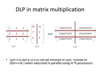 DLP in matrix multiplication
• A[m x n] dot B [n x k] can be finished in O(n) instead of
O(m∗n∗k ) when executed in parallel using m*k processors.
 