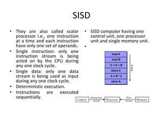 SISD
• They are also called scalar
processor i.e., one instruction
at a time and each instruction
have only one set of operands.
• Single instruction: only one
instruction stream is being
acted on by the CPU during
any one clock cycle.
• Single data: only one data
stream is being used as input
during any one clock cycle.
• Deterministic execution.
• Instructions are executed
sequentially.
• SISD computer having one
control unit, one processor
unit and single memory unit.
•
 