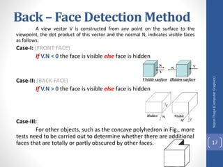 Back – Face Detection Method
A view vector V is constructed from any point on the surface to the
viewpoint, the dot product of this vector and the normal N, indicates visible faces
as follows:
Case-I: (FRONT FACE)
If V.N < 0 the face is visible else face is hidden
Case-II: (BACK FACE)
If V.N > 0 the face is visible else face is hidden
Case-III:
For other objects, such as the concave polyhedron in Fig., more
tests need to be carried out to determine whether there are additional
faces that are totally or partly obscured by other faces.
Nipun
Thapa
(Computer
Graphics)
17
 