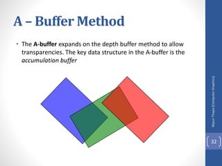 A – Buffer Method
• The A-buffer expands on the depth buffer method to allow
transparencies. The key data structure in the A-buffer is the
accumulation buffer
Nipun
Thapa
(Computer
Graphics)
32
 