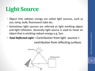 Light Source
• Object that radiates energy are called light sources, such as
sun, lamp, bulb, fluorescent tube etc.
• Sometimes light sources are referred as light emitting object
and light reflectors. Generally light source is used to mean an
object that is emitting radiant energy e.g. Sun.
• Total Reflected Light = Contribution from light sources +
contribution from reflecting surfaces
Nipun
Thapa
(Computer
Graphics)
55
 