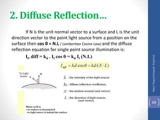 2. Diffuse Reflection…
If N is the unit normal vector to a surface and L is the unit
direction vector to the point light source from a position on the
surface then cos θ = N.L ( Lambertian Cosine Law) and the diffuse
reflection equation for single point source illumination is:
Il, diff = kd . Il cos θ = kd Il (N.L)
Nipun
Thapa
(Computer
Graphics)
69
 