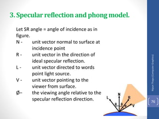 Let SR angle = angle of incidence as in
figure.
N - unit vector normal to surface at
incidence point
R - unit vector in the direction of
ideal specular reflection.
L - unit vector directed to words
point light source.
V - unit vector pointing to the
viewer from surface.
Ø− the viewing angle relative to the
specular reflection direction.
Nipun
Thapa
(Computer
Graphics)
76
3. Specularreflectionand phong model.
 