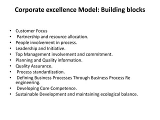 Corporate excellence Model: Building blocks
• Customer Focus
• Partnership and resource allocation.
• People involvement in process.
• Leadership and Initiative.
• Top Management involvement and commitment.
• Planning and Quality information.
• Quality Assurance.
• Process standardization.
• Defining Business Processes Through Business Process Re
engineering.
• Developing Core Competence.
• Sustainable Development and maintaining ecological balance.
 