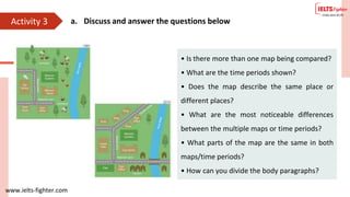www.ielts-fighter.com
Activity 3 a. Discuss and answer the questions below
• Is there more than one map being compared?
• What are the time periods shown?
• Does the map describe the same place or
different places?
• What are the most noticeable differences
between the multiple maps or time periods?
• What parts of the map are the same in both
maps/time periods?
• How can you divide the body paragraphs?
 
