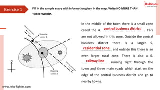 www.ielts-fighter.com
Exercise 1 Fill in the sample essay with information given in the map. Write NO MORE THAN
THREE WORDS.
In the middle of the town there is a small zone
called the 4. …………………………………………. . Cars
are not allowed in this zone. Outside the central
business district there is a larger 5.
………………………………. and outside this there is an
even larger rural zone. There is also a 6.
……………………..……. running right through the
town and three main roads which start on the
edge of the central business district and go to
nearby towns.
central business district
residential zone
railway line
 