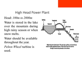 High Head Power Plant
Head: 100m to 2000m
Water is stored in the lake
over the mountain during
high rainy season or when
snow melts.
Water should be available
throughout the year.
Pelton Wheel turbine is
used.
 