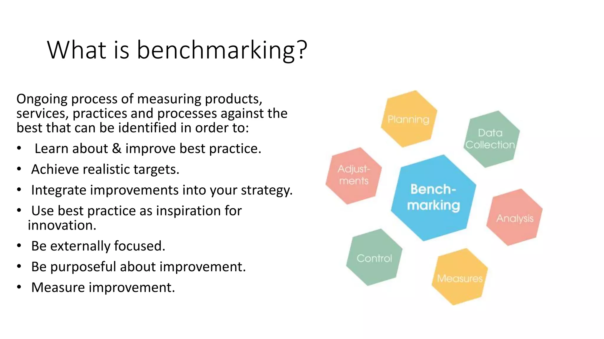 What is benchmarking?
Ongoing process of measuring products,
services, practices and processes against the
best that can be identified in order to:
• Learn about & improve best practice.
• Achieve realistic targets.
• Integrate improvements into your strategy.
• Use best practice as inspiration for
innovation.
• Be externally focused.
• Be purposeful about improvement.
• Measure improvement.
 