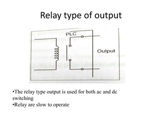 Relay type of output
•The relay type output is used for both ac and dc
switching
•Relay are slow to operate
 