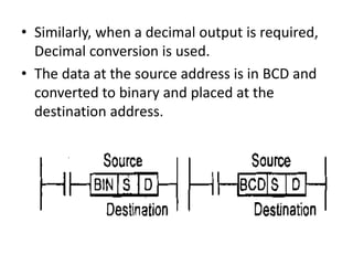 • Similarly, when a decimal output is required,
Decimal conversion is used.
• The data at the source address is in BCD and
converted to binary and placed at the
destination address.
 
