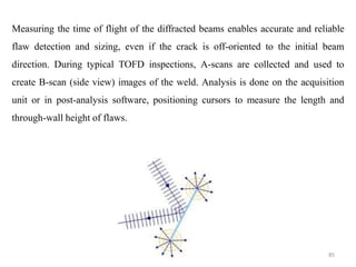 85
Measuring the time of flight of the diffracted beams enables accurate and reliable
flaw detection and sizing, even if the crack is off-oriented to the initial beam
direction. During typical TOFD inspections, A-scans are collected and used to
create B-scan (side view) images of the weld. Analysis is done on the acquisition
unit or in post-analysis software, positioning cursors to measure the length and
through-wall height of flaws.
 