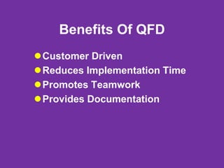 Benefits Of QFD
Customer Driven
Reduces Implementation Time
Promotes Teamwork
Provides Documentation
 