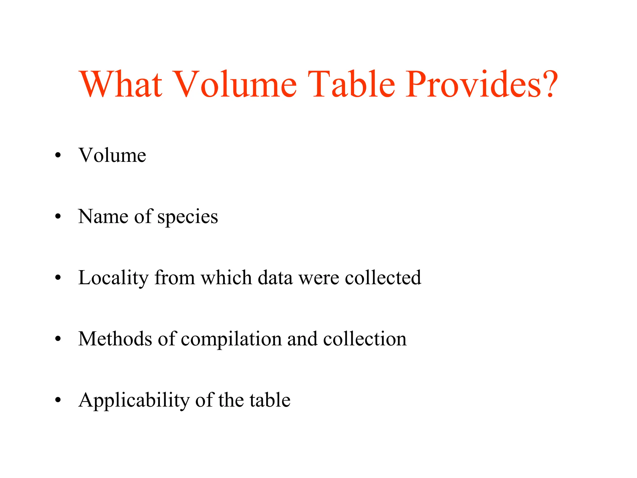 What Volume Table Provides?
• Volume
• Name of species
• Locality from which data were collected
• Methods of compilation and collection
• Applicability of the table
 