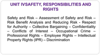 UNIT IVSAFETY, RESPONSIBILITIES AND
RIGHTS
Safety and Risk – Assessment of Safety and Risk –
Risk Benefit Analysis and Reducing Risk - Respect
for Authority – Collective Bargaining – Confidentiality
– Conflicts of Interest – Occupational Crime –
Professional Rights – Employee Rights – Intellectual
Property Rights (IPR) – Discrimination
 