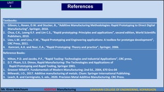 UNIT
4
Mr. Kiran Wakchaure
Textbooks:
1. Gibson, I., Rosen, D.W. and Stucker, B., “Additive Manufacturing Methodologies: Rapid Prototyping to Direct Digital
Manufacturing”, Springer, 2010.
2. Chua, C.K., Leong K.F. and Lim C.S., “Rapid prototyping: Principles and applications”, second edition, World Scientific
Publishers, 2010.
3. Liou, L.W. and Liou, F.W., “Rapid Prototyping and Engineering applications: A toolbox for prototype development”,
CRC Press, 2011.
4. Kamrani, A.K. and Nasr, E.A., “Rapid Prototyping: Theory and practice”, Springer, 2006.
Reference Books:
1. Hilton, P.D. and Jacobs, P.F., “Rapid Tooling: Technologies and Industrial Applications”, CRC press,
2. D.T. Pham, S.S. Dimov, Rapid Manufacturing: The Technologies and Applications of
Rapid Prototyping and Rapid Tooling, Springer 2001.
1. Groover Mikell P, Fundamentals of Modern Manufacturing; 2nd Ed., 2004, 670 Gro-04
2. Milewski, J.O., 2017. Additive manufacturing of metals. Cham: Springer International Publishing.
3. Leach, R. and Carmignato, S. eds., 2020. Precision Metal Additive Manufacturing. CRC Press.
References
SANJIVANI COLLEGE OF ENGINEERING, KOPARGAON
5
ADDITIVE Manufacturing
 